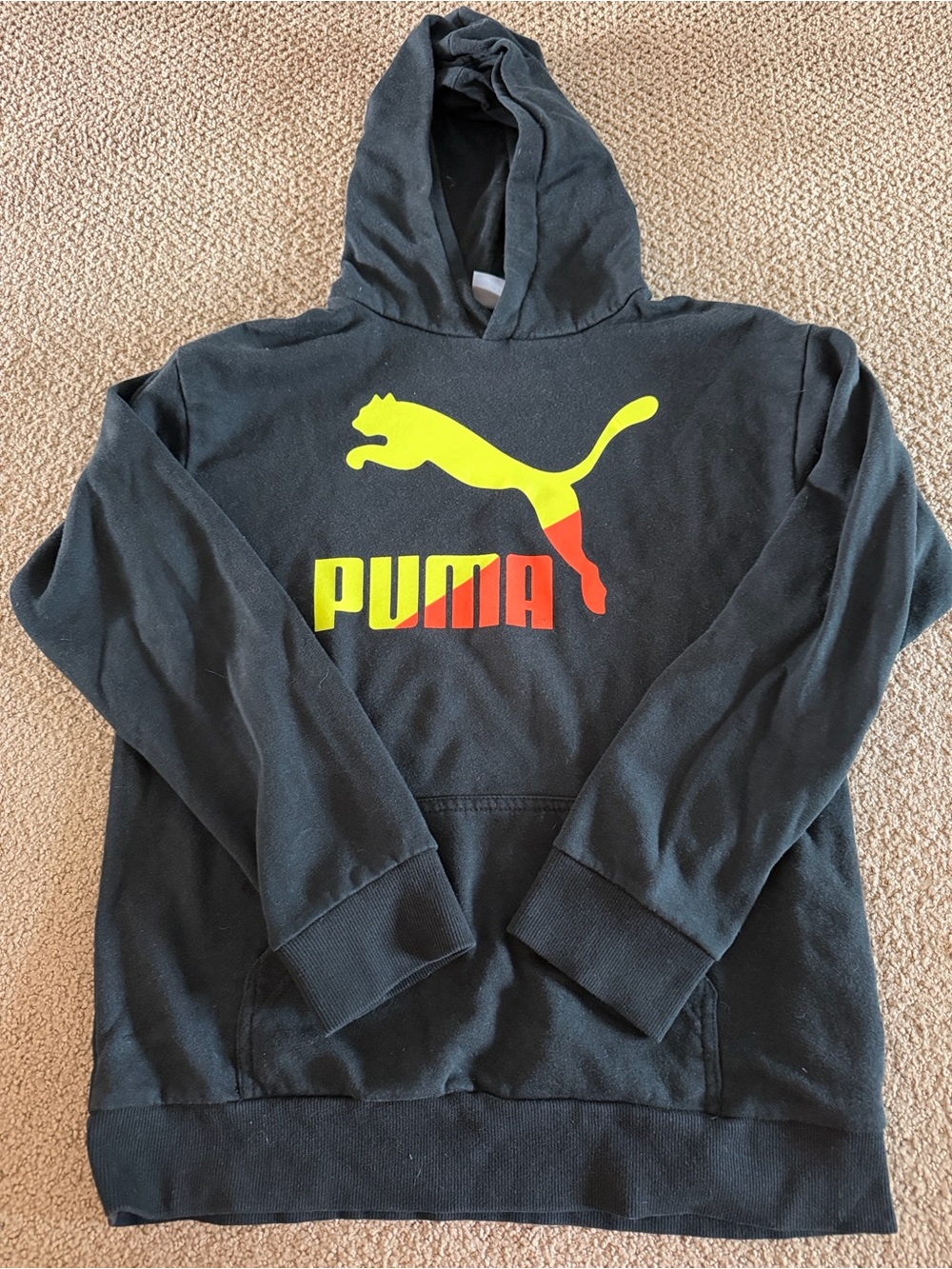 Puma Boys XL 18/20 Black Hooded Sweatshirt with Yellow & Orange Logo